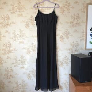 Vintage 90s Chelsea Nites Maxi Gown Womens L Black Beaded Chiffon Gothic Glam